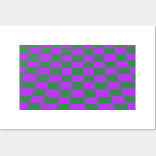 Warped perspective coloured checker board effect grid purple and green Posters and Art